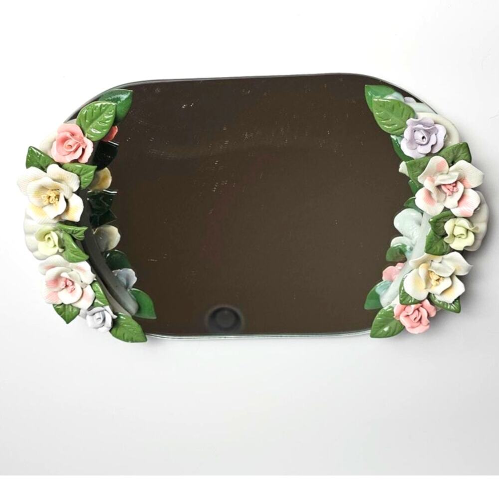 Vintage 80s Capodimonte Porcelain Flowers Mirror Vanity Tray